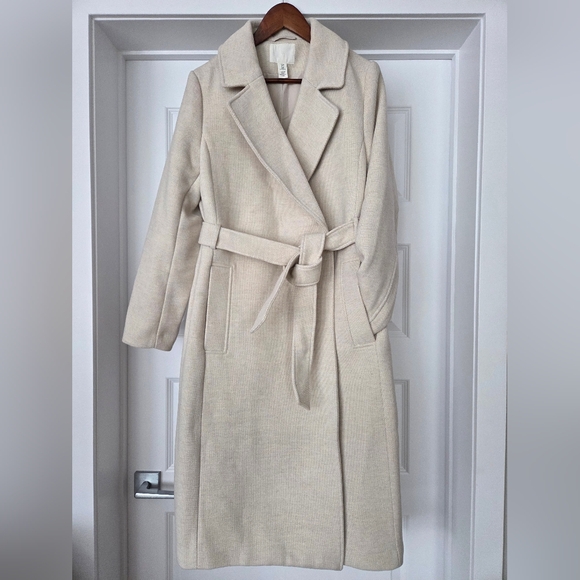 H&M Jackets & Blazers - H&M Long Belted Coat, Cream, Size M